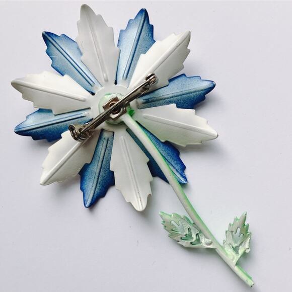 VTG 60s Brooch Blue White Enamel Flower Mid Century Mod Costume Jewelry Kitschy - Picture 10 of 10